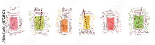 Set of detox drinks, fruit smoothies, organic lemonades in glass bottles, jars and jugs with straws. Refreshing summer homemade beverages. Colored flat vector illustration isolated on white background