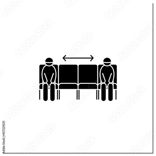 Keep apart glyph icon.People in waiting area keeping social distance.Corona virus safety measures for waiting areas, airports, public places.Filled flat sign. Isolated silhouette vector illustration