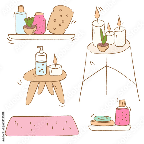 Set of hand drawn cute objects for a bathroom. Shelves with soap, shower gels, sponge. Little table with candles and houseplant. Pink carpet. Isolated vector illustration in white background 