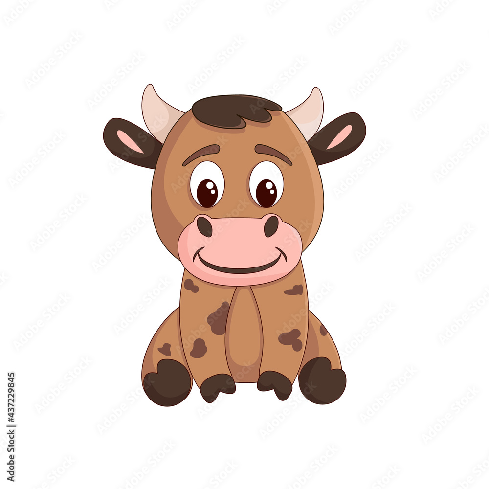 Fototapeta premium Cute brown smiling bull on a white background. The bull is sitting. Isolated. Cartoon style. Vector illustration