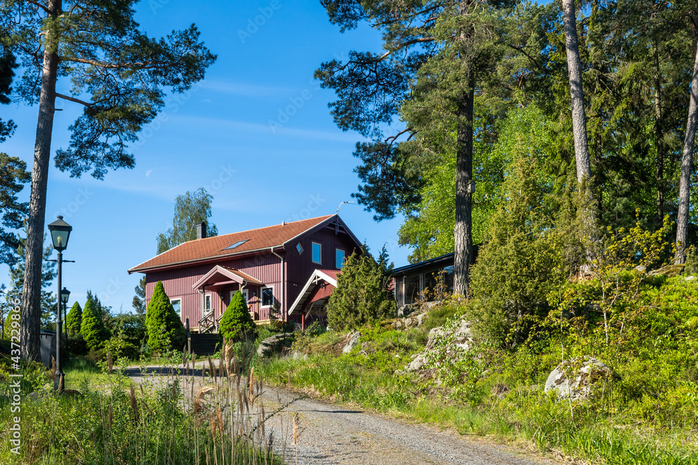 Traditional Swedish wooden house near forest. Countryside village in Scandinavia. Red typical cottage rural house with porch. Carport. In courtyard Landscaping of garden with ornamental thuja plants.