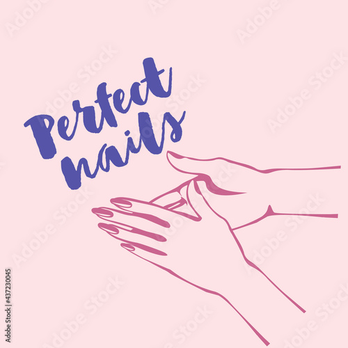 Nails art logo.Woman hands with elegant nail polish manicure.Nail salon illustration.Cosmetics icon isolated on light background.Elegant, beauty style.