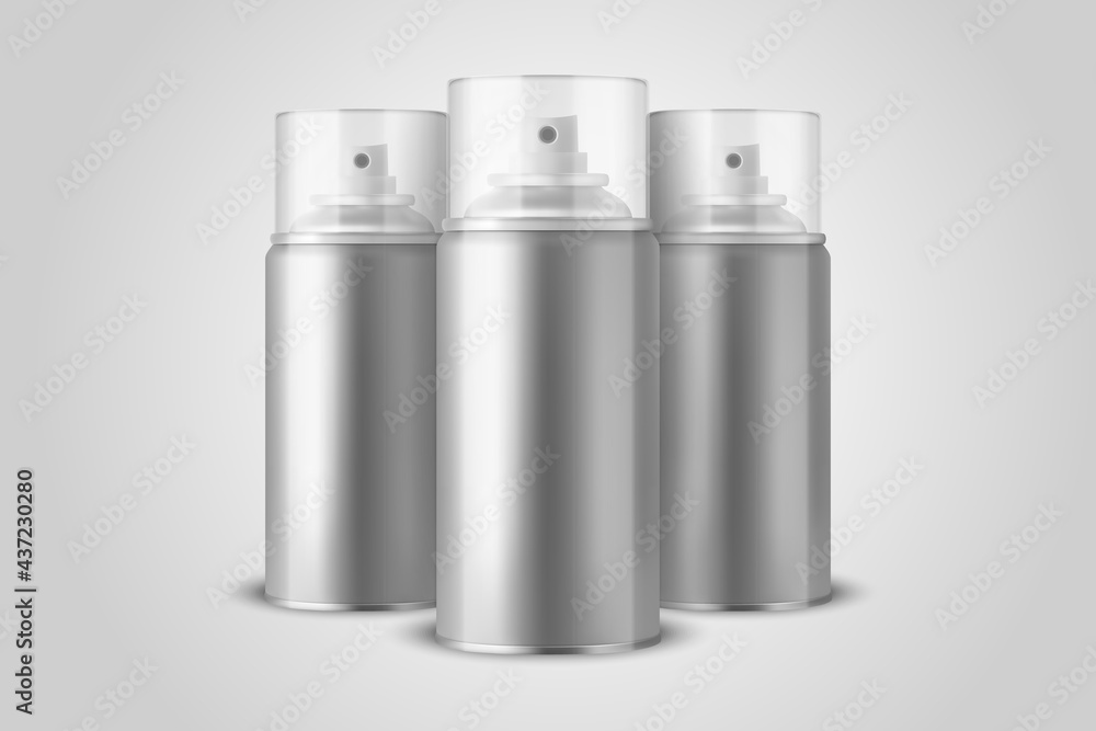 Three Vector 3d Realistic Silver Aluminum Blank Spray Can, Bottle, Transparent Lid Isolated. Small, Medium, Big Size. Design Template, Sprayer Can, Mock up, Package, Advertising, Hairspray, Deodorant Three Vector 3d Realistic Silver Aluminum Blank Spray Can, Bottle, Transparent Lid Isolated. Small, Medium, Big Size. Design Template, Sprayer Can, Mock up, Package, Advertising, Hairspray, Deodorant