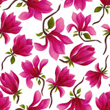 Watercolor seamless pattern with magnolia flowers. Beautiful floral print for any purposes. Spring or summer romantic background.