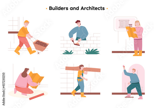 A team of technical workers and engineers. The builder paints the wall with a brush. The builder is laying bricks. A group of engineers, builders, and architects design and builds a new house.