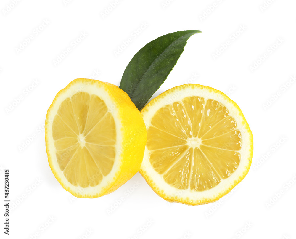 Fresh ripe lemon halves on white background, top view