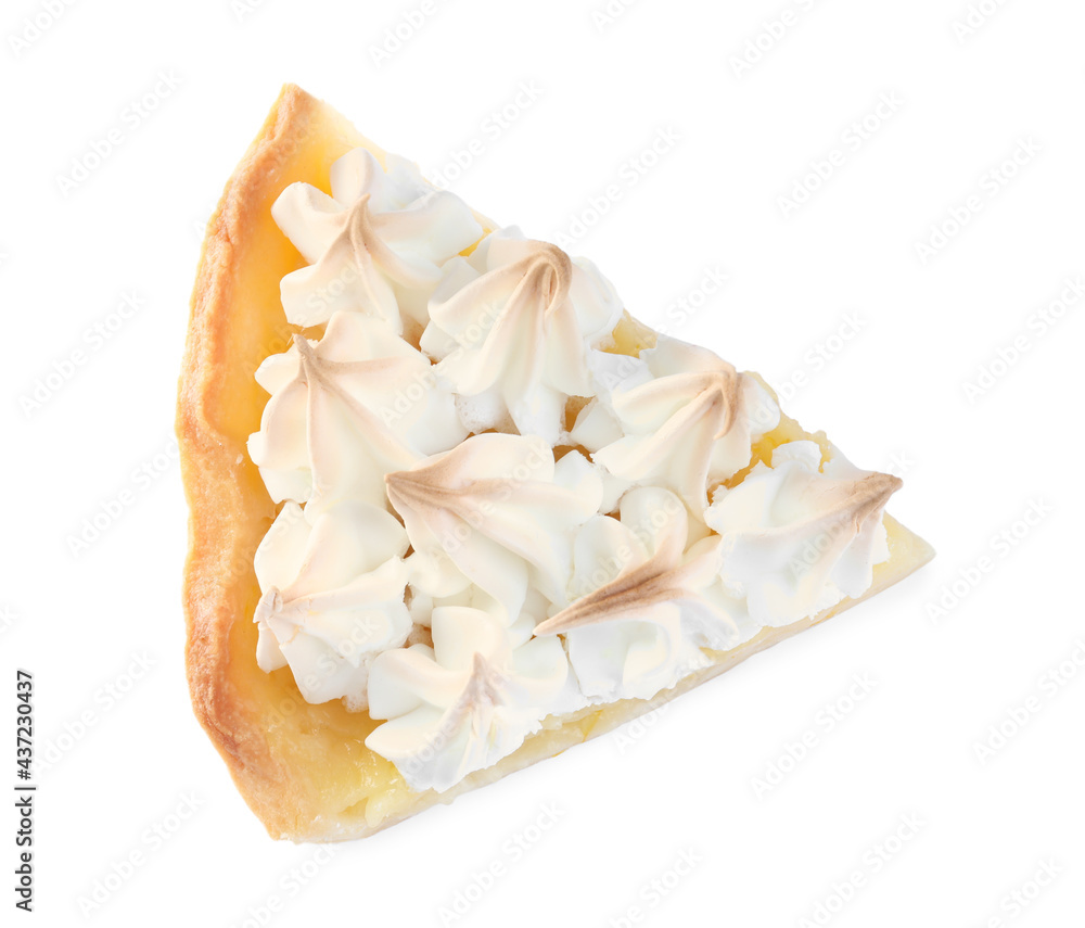 Piece of delicious lemon meringue pie isolated on white, top view Piece of delicious lemon meringue pie isolated on white, top view