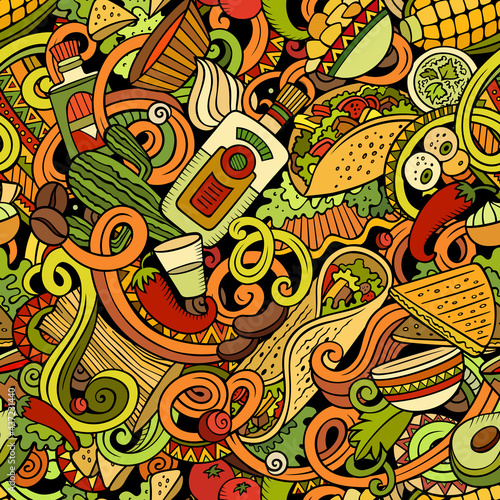 Mexican Food hand drawn doodles seamless pattern.