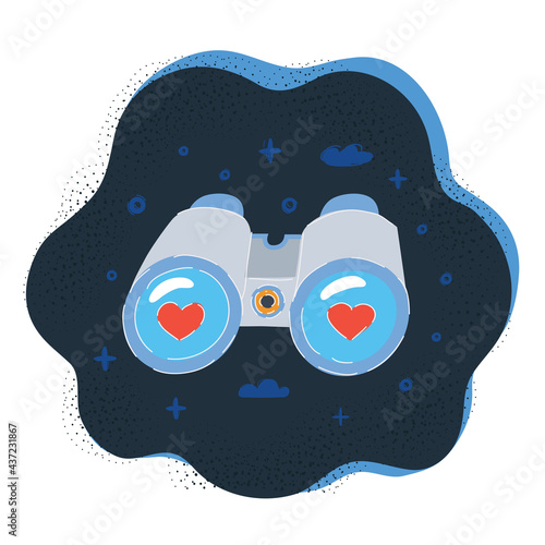 Vector illustration of binoculars with like symbols on lens on dark backround.