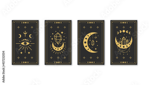 Black magic occult tarot cards with boho symbols.