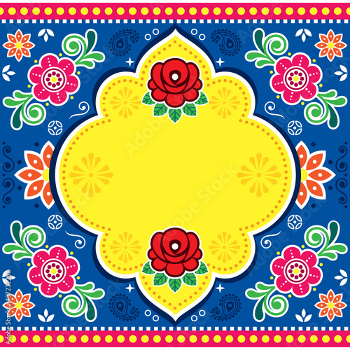 Indian and Pakistani truck art vector template design with roses and empty space for text- banner, greeting card or wedding invitation 