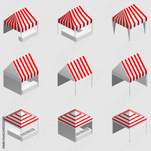 Set Isometric market stall, tent. Street awning canopy kiosk, counter, white red strings for fair, street food, market, grocery goods. Vector isolated
