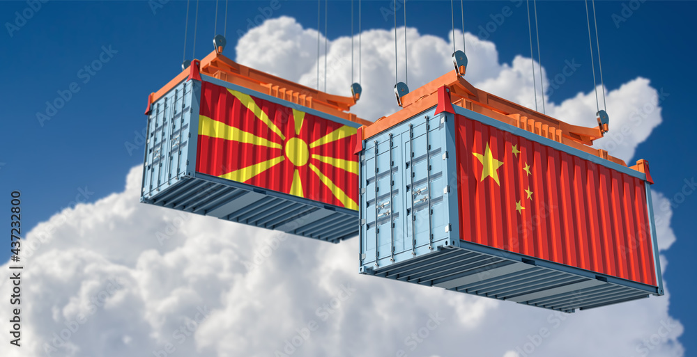 Two freight container with China and North Macedonia national flag. 3D Rendering