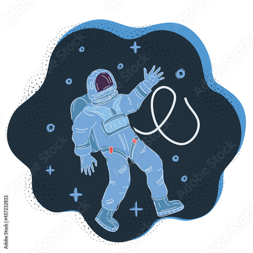 Vector illustration of astronaut in a spacesuit hovers in zero gravity on dark backround.