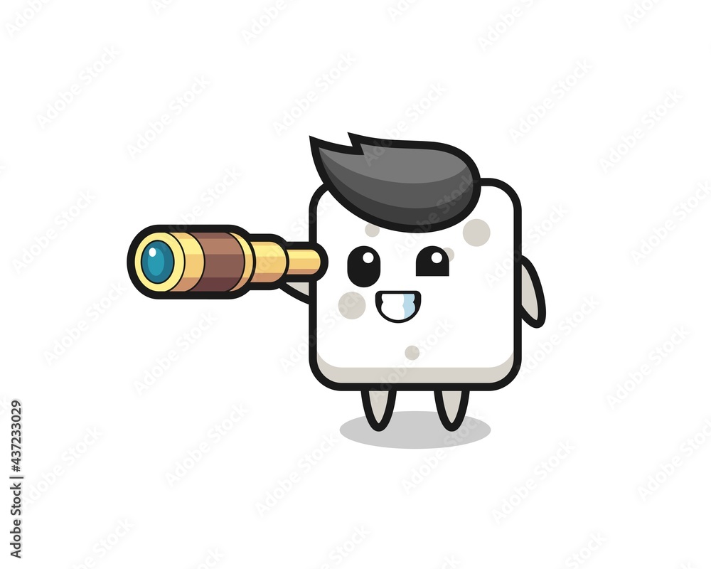 cute sugar cube character is holding an old telescope cute sugar cube character is holding an old telescope