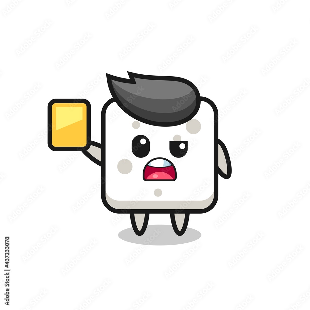 Naklejka premium cartoon sugar cube character as a football referee giving a yellow card