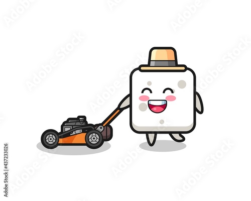 illustration of the sugar cube character using lawn mower