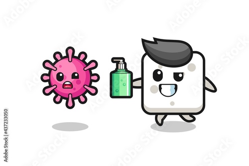 illustration of sugar cube character chasing evil virus with hand sanitizer