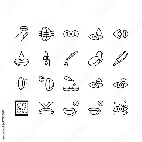 Contact lens flat line icons set. Ophthalmology, lens care, eye anatomy, contact lenses, medical tools. Simple flat vector illustration for store, web site or mobile app