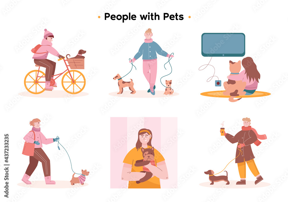 Pets with their owners in different scenes. Women spend time with their pets. A young girl on a bicycle carries a puppy in a basket. A woman sits on the floor with a cat and watches TV.
