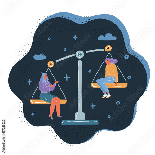 Vector illustration of people equality concept. Balance symbol. Job, envious, jealousy, low self-esteem at dark backround.