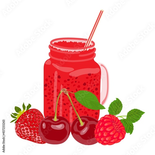 Fresh red berry cocktail in a glass jar with a handle. Summer vitamin drink with a straw on a white background. Juice in a glass. Vector illustration. Healthy food.