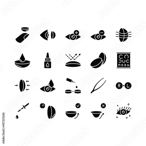 Contact lens flat line icons set. Ophthalmology, lens care, eye anatomy, contact lenses, medical tools. Simple flat vector illustration for store, web site or mobile app