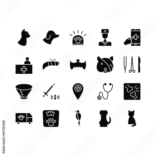 Veterinary clinic flat line icons set. Stethoscope, xray, broken leg, protective collar, injection, cleaning teeth. Simple flat vector illustration for clinic, web site or mobile app.