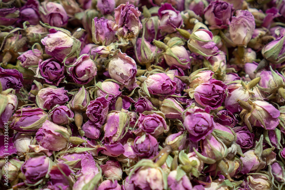 Dry roses tea Background dried petals of rose Healing herbs herbal medicine. Top view blur textures soft focus.