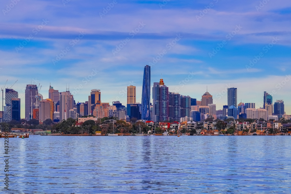 Panoramic Views of Sydney Harbour CBD and Downtown office buildings viewed from Woolwich in NSW Australia