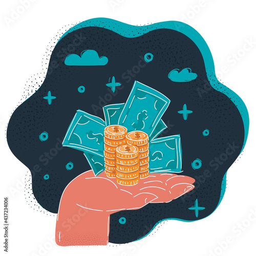 Vector illustration of mail hand holds dollars and coin on dark backround.