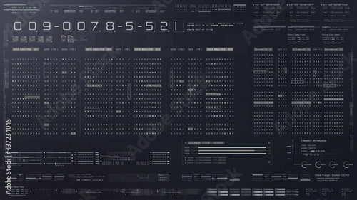 Futuristic source code encrypted big data algorithm telemetry motion graphic display screen with user interface display for digital background