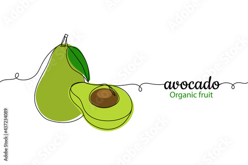 Continuous one line of avocado fruit in silhouette. Linear stylized. Minimalist. Organic fruit avocado