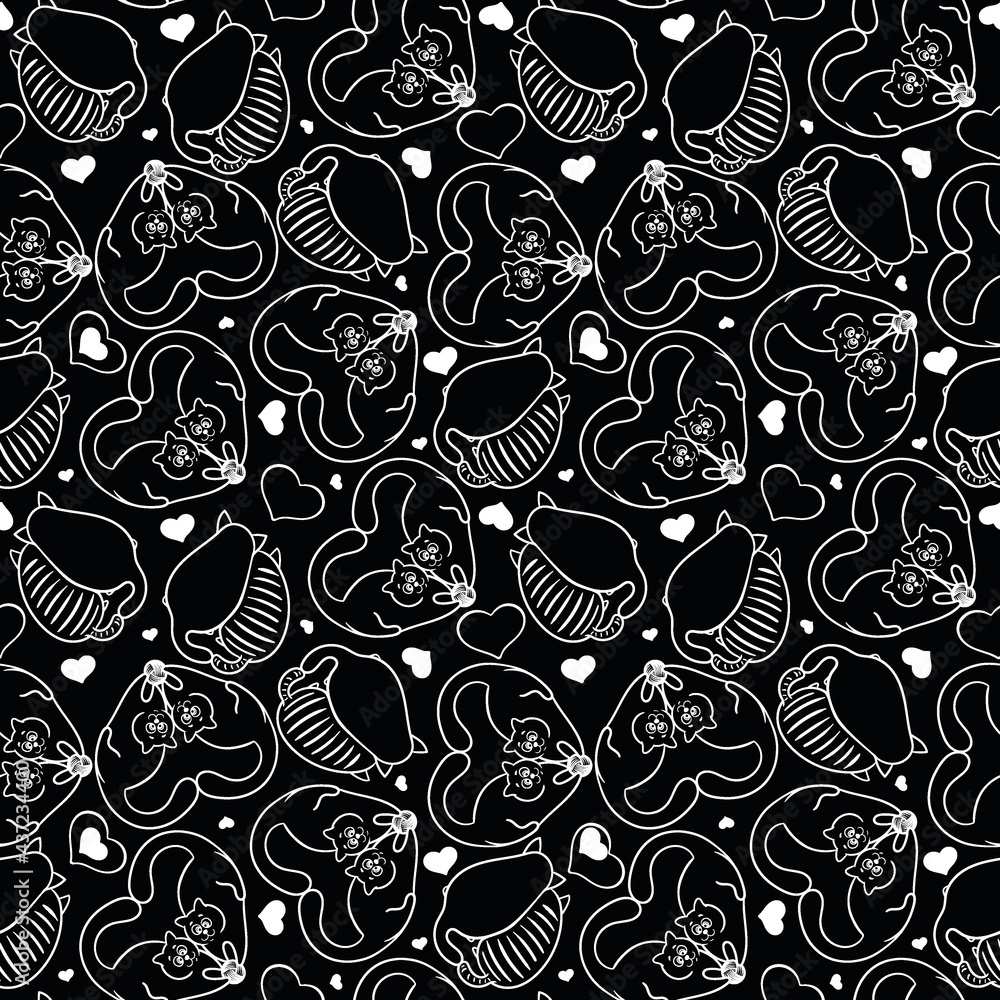 hand drawn cats seamless vector pattern. Doodle art. white on black hand drawn cats seamless vector pattern. Doodle art. white on black