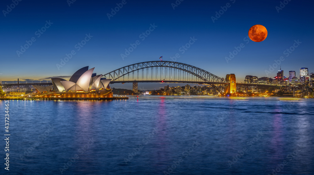 Naklejka premium Panoramic night view of Sydney Harbour and CBD buildings on the foreshore in NSW Australia