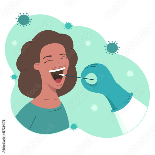 Doctor or nurse taking throat swab for coronavirus or DNA sample from young African American woman. Patient receiving a coronavirus test. Vector flat illustration of throat test using swab.
