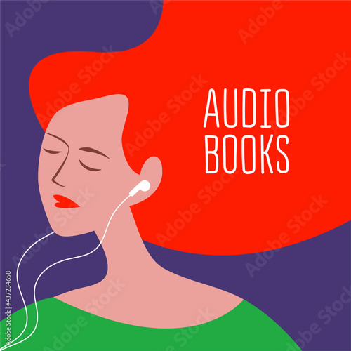 vector illustration of a girl with earphones in her ears listening to a podcast or audio book in trendy colors. useful for advertising online audiobook services, for applications, for web design.