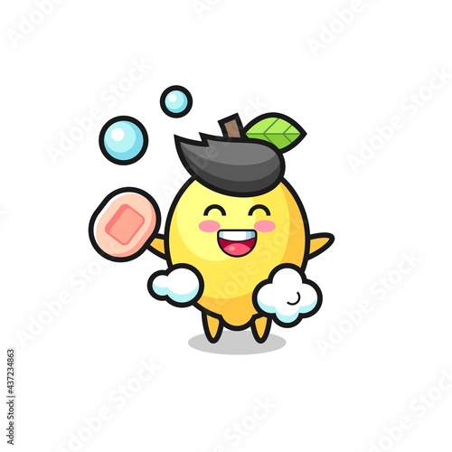 lemon character is bathing while holding soap