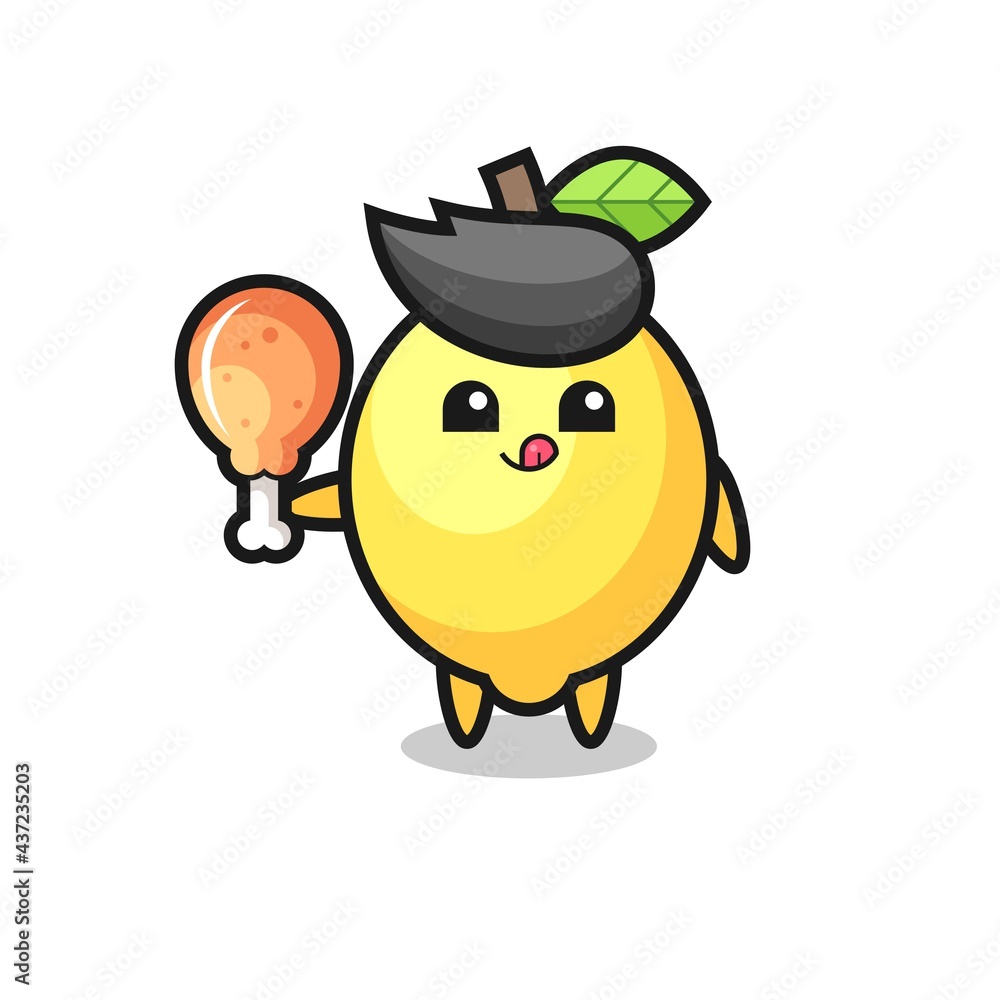 lemon cute mascot is eating a fried chicken