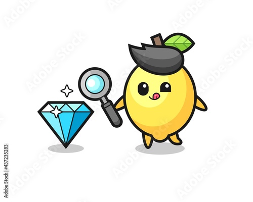 lemon mascot is checking the authenticity of a diamond
