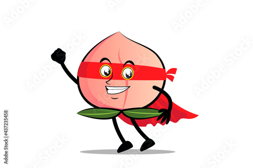 Peach Mascot as a superhero wearing a cloak and costume, ready to take flight