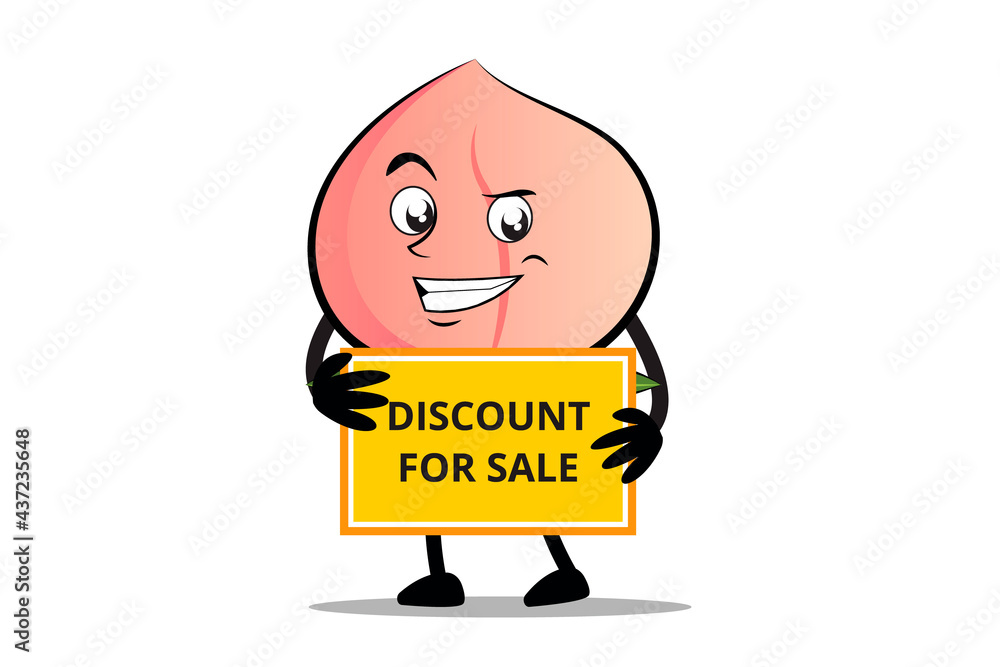 Peach Cartoon mascot or character holding a sales discount board Peach Cartoon mascot or character holding a sales discount board