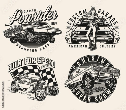 Custom cars vintage monochrome logos
