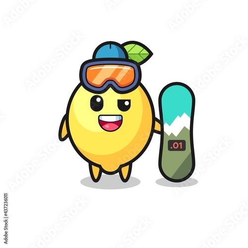 Illustration of lemon character with snowboarding style