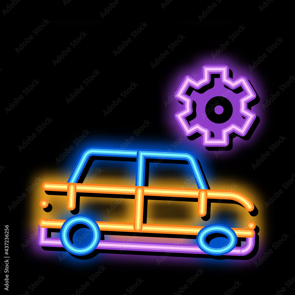 Broken Car Gear neon light sign vector. Glowing bright icon Broken Car Gear sign. transparent symbol illustration Broken Car Gear neon light sign vector. Glowing bright icon Broken Car Gear sign. transparent symbol illustration
