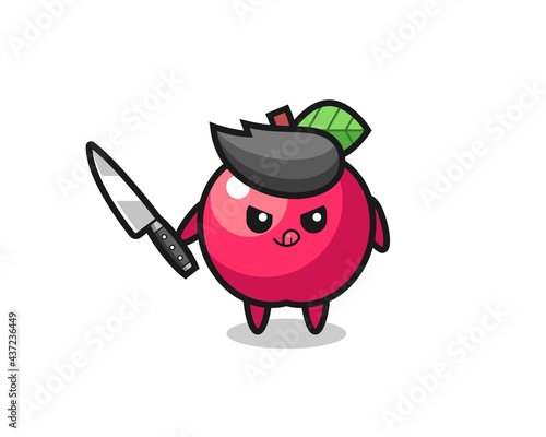 cute apple mascot as a psychopath holding a knife