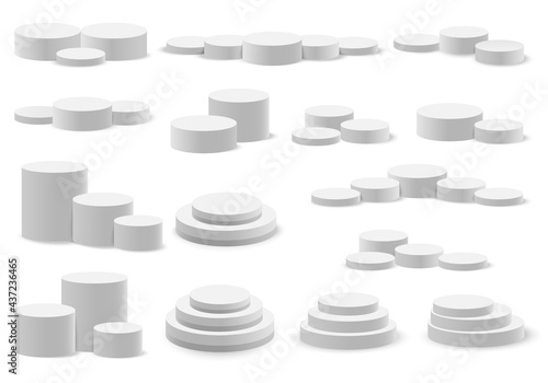Set of realistic 3d white podium isolated on white background.Realistic round scene.Pedestal,platform,cylinder,stand stage.Vector.Minimalist modern abstract geometric mockup podium display