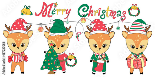 merry christmas with little deer Designed in doodle style, it can be adapted to various applications such as backgrounds, invitation cards, greetings, digital print,  t-shirt design, sticker, craft   © Churiarat
