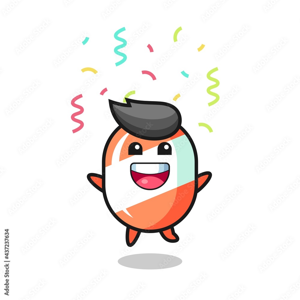 happy candy mascot jumping for congratulation with colour confetti happy candy mascot jumping for congratulation with colour confetti