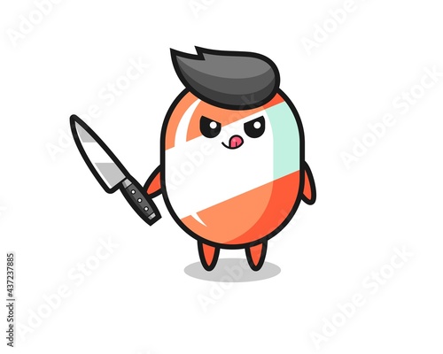 cute candy mascot as a psychopath holding a knife